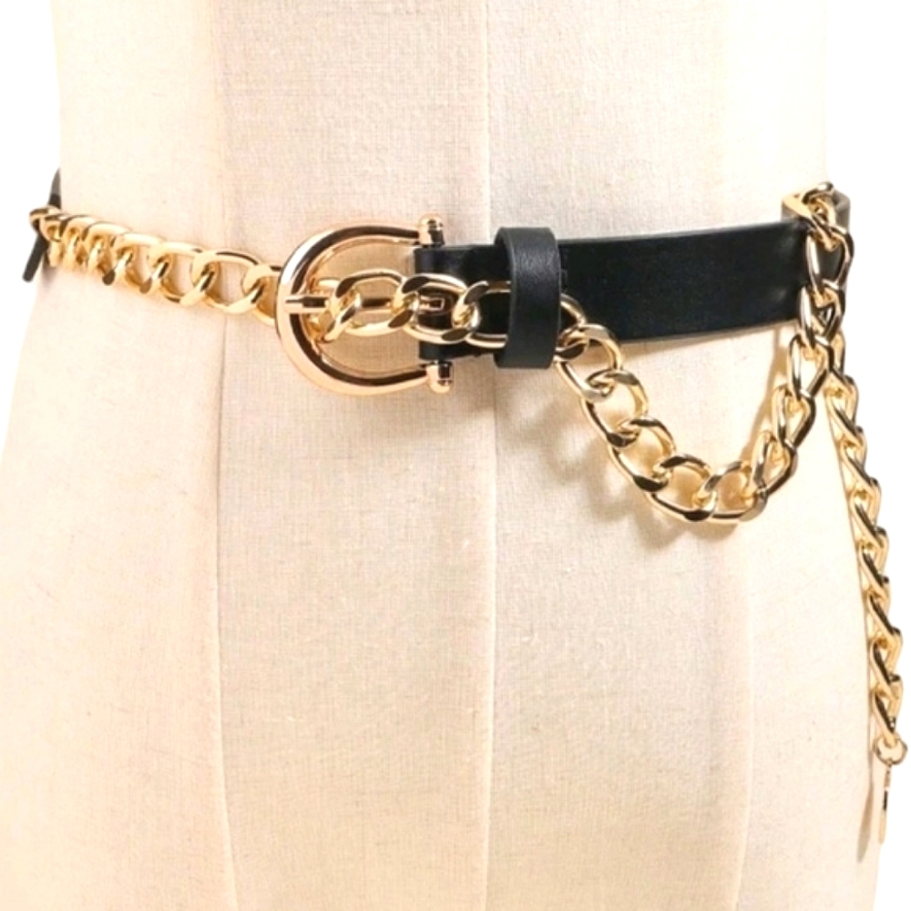 Womens edgy black Faux leather Y2K metal gold chain waist punk rock dress belt - Picture 6 of 17